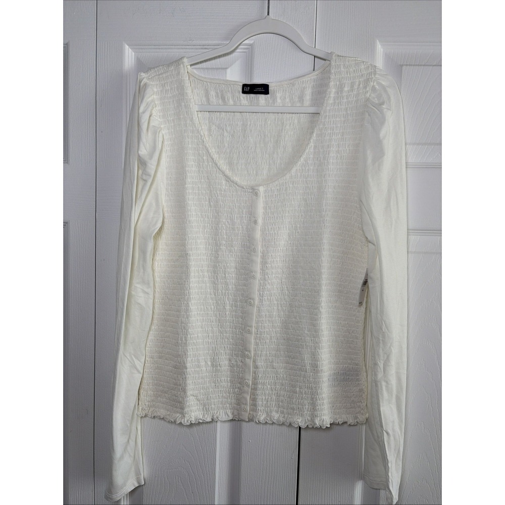 Gap Smocked Button Front Top Womens Size L Tall White Long Sleeve Cotton Modal